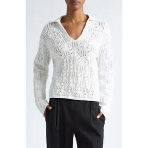 VINCE Baja Pointelle Open Knit V-Neck Collared Sweater White Sz Small